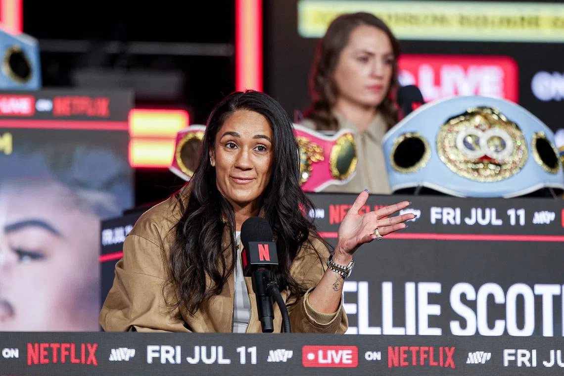 Apr 9, 2025; New York, New York, USA; Amanda Serrano speaks at a press conference ahead of a boxing match against Katie Taylor at Madison Square Garden. Mandatory Credit: Vincent Carchietta-Imagn Images