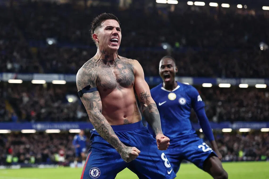 Chelsea's Enzo Fernandez celebrates scoring the winning goal during stoppage time.