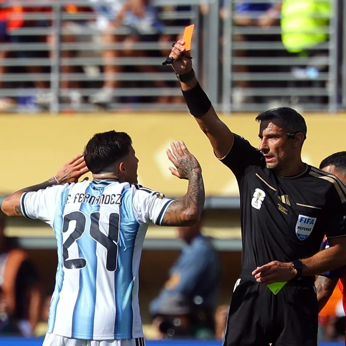 Argentina’s Enzo Fernandez was sent off after picking up his second yellow from a late challenge.