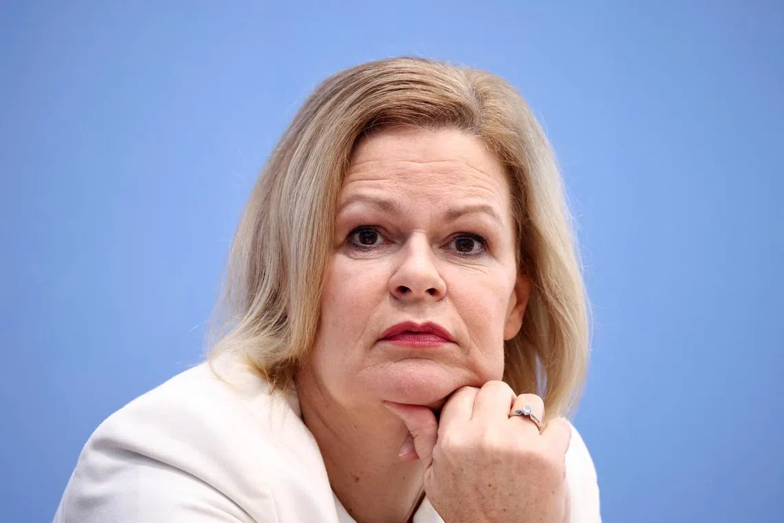 FILE PHOTO: German Interior Minister Nancy Faeser looks on during a press conference on current measures against the far right in Berlin, Germany, February 13, 2024. REUTERS/Liesa Johannssen/File Photo
