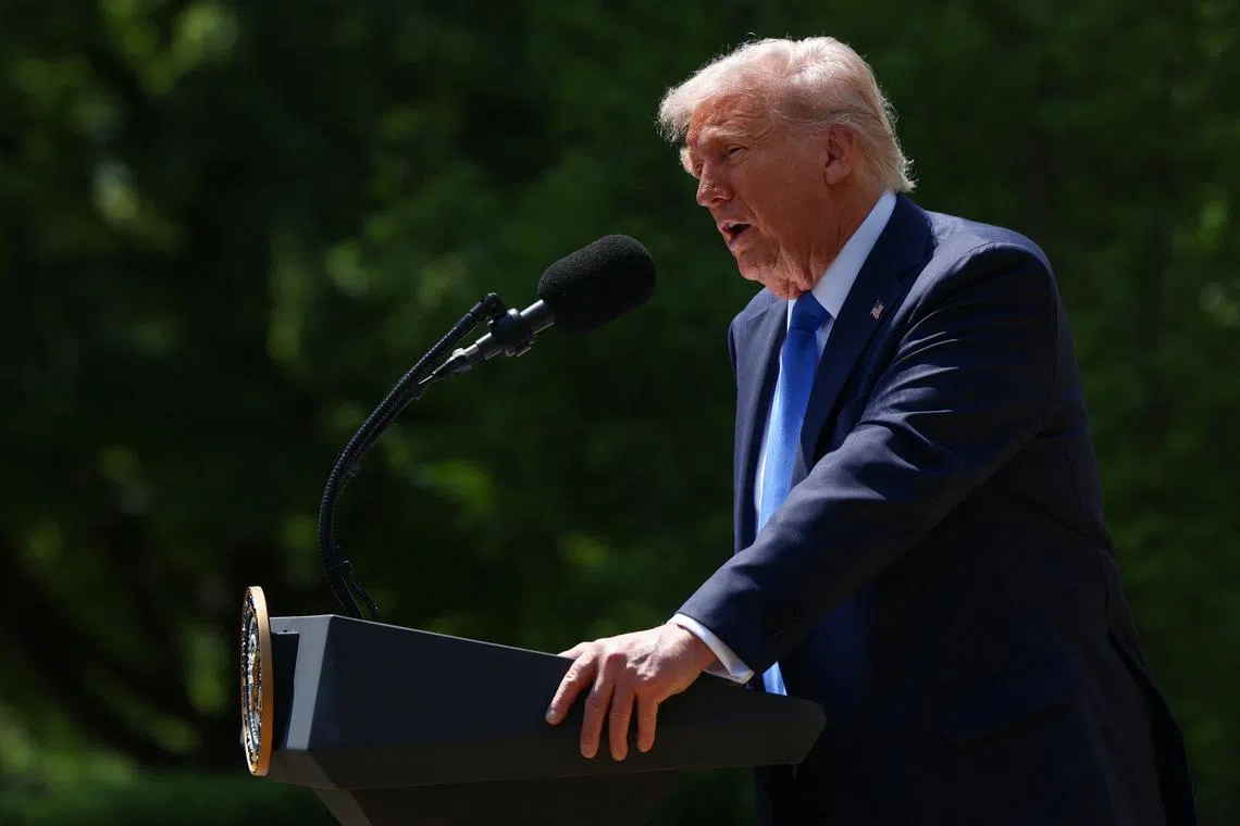 U.S. President Donald Trump delivers remarks on the National Day of Prayer, in the Rose Garden at the White House in Washington, D.C., U.S., May 1, 2025. REUTERS/Evelyn Hockstein