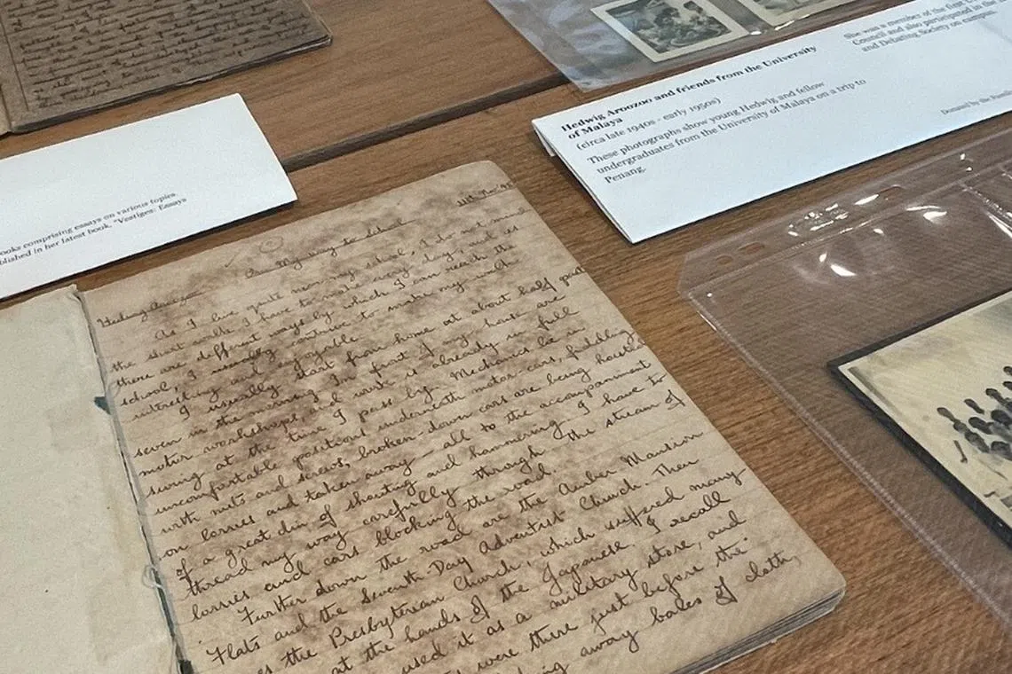 The notebooks (1945 to 1946) of Mrs Hedwig Anuar, the first Singaporean director of the National Library, were on display during the book launch at the Singapore Writers Festival.  
