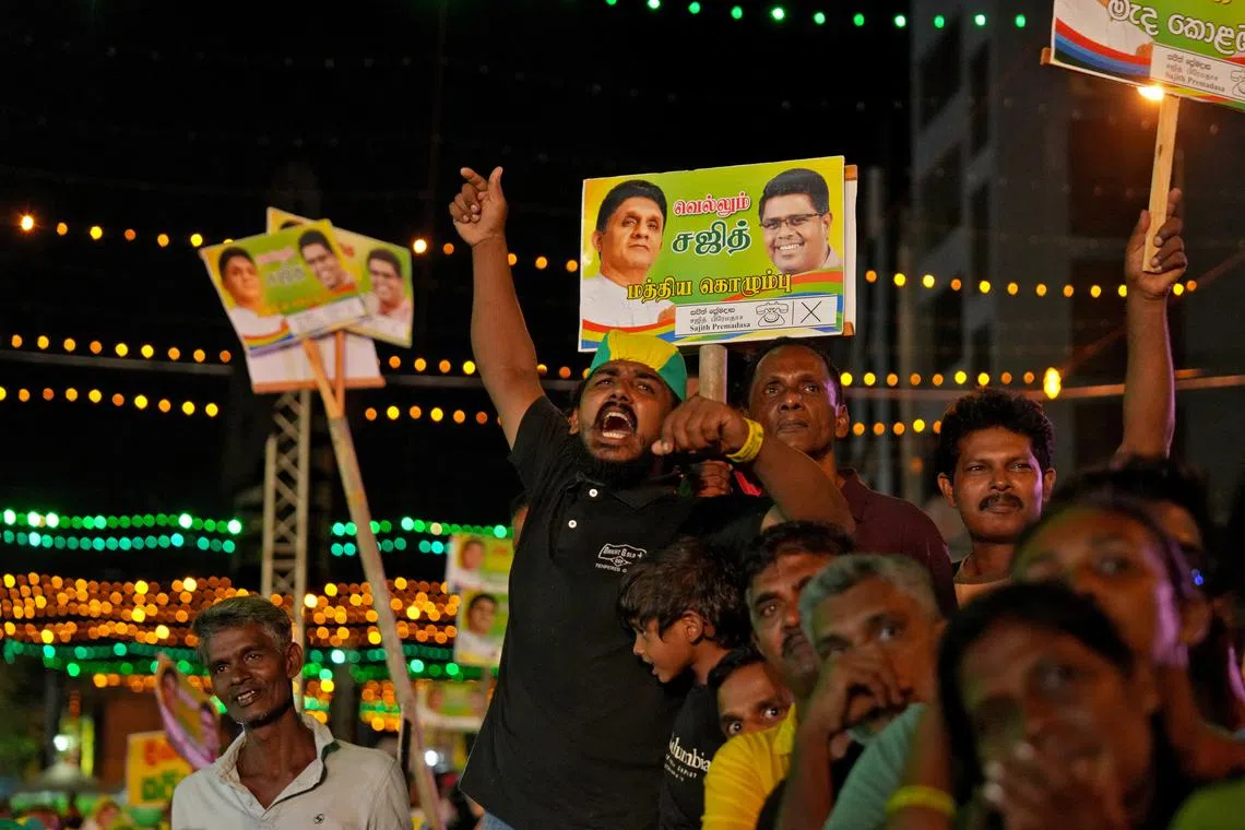 FILE PHOTO: A supporter reacts during an election campaign rally for Sajith Premadasa, leader of the Samagi Jana Balawegaya (SJB) party, ahead of the presidential election, in Colombo, Sri Lanka September 18, 2024. REUTERS/Thilina Kaluthotage/File Photo