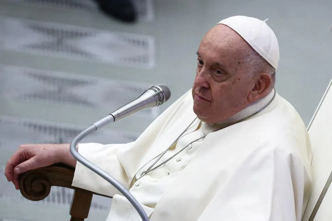 Pope Francis attends a meeting with committee and foundation members of Lisbon 2023 World Youth Day, in Paul VI hall at the Vatican, November 30, 2023. REUTERS/Guglielmo Mangiapane/File Photo
