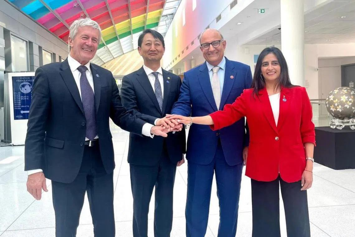 Minister-in-charge of Trade Relations S. Iswaran (second from right) with (from left) New Zealand's Trade and Export Growth Minister Damien O'Connor, South Korea's Trade Minister Ahn Duk-geun and Chile's Under–Secretary for International Economic Relations Claudia Sanhueza Riveros.