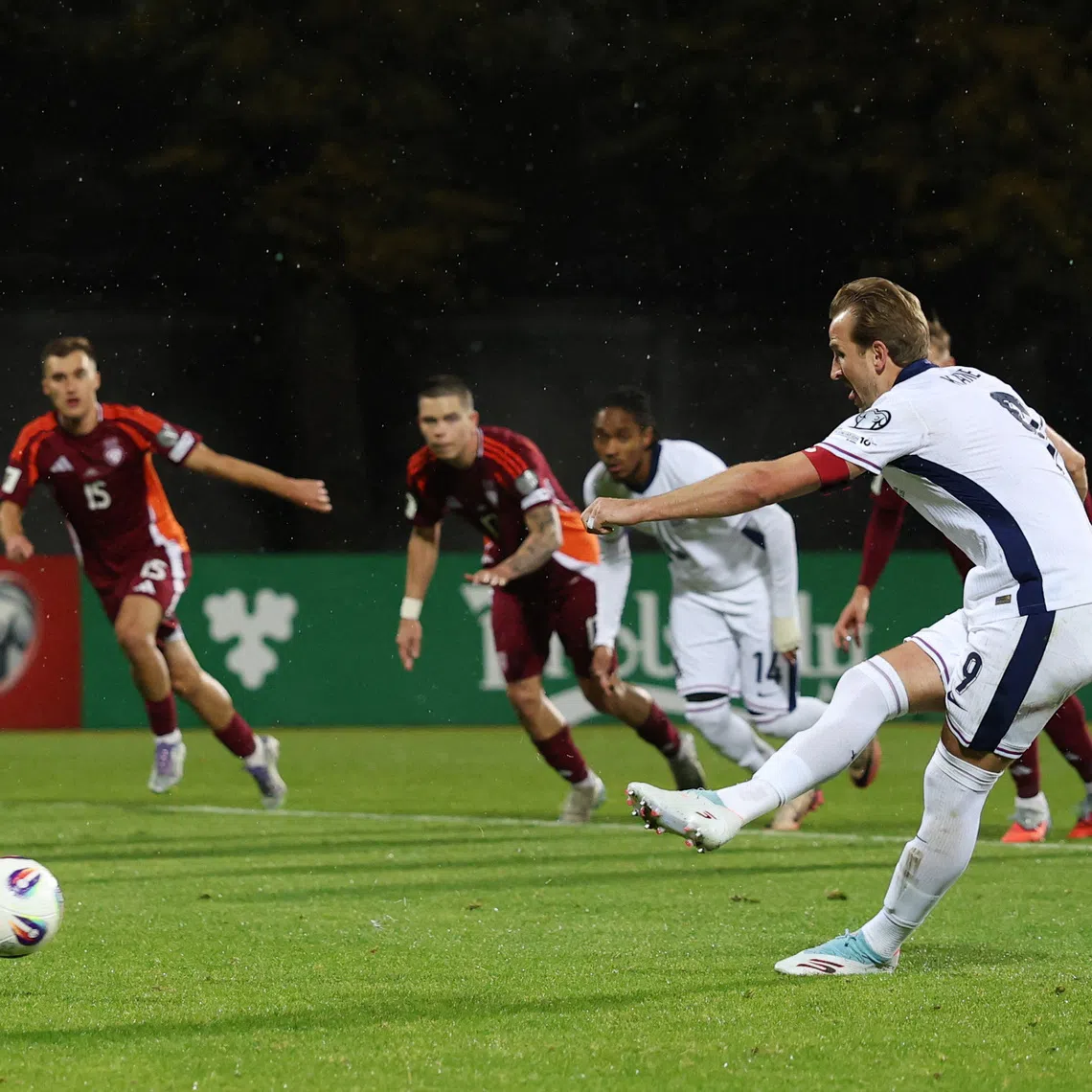 Soccer Football - FIFA World Cup - UEFA Qualifiers - Group K - Latvia v England - Daugava Stadium, Riga, Latvia - October 14, 2025 England's Harry Kane scores their third goal from the penalty spot Action Images via Reuters/Paul Childs