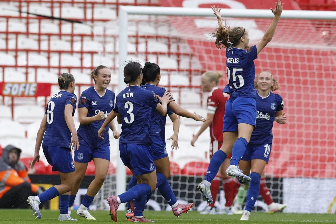 Soccer Football - Women's Super League - Liverpool v Everton - Anfield, Liverpool, Britain - September 7, 2025 Everton's Katja Snoeijs celebrates scoring their second goal Action Images via Reuters/Jason Cairnduff