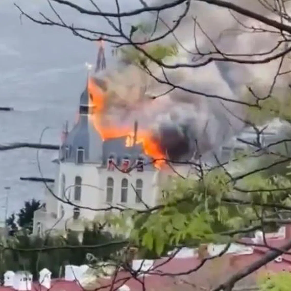 Pictures posted online showed an ornate building close to the seafront ablaze and smoke billowing skyward. 