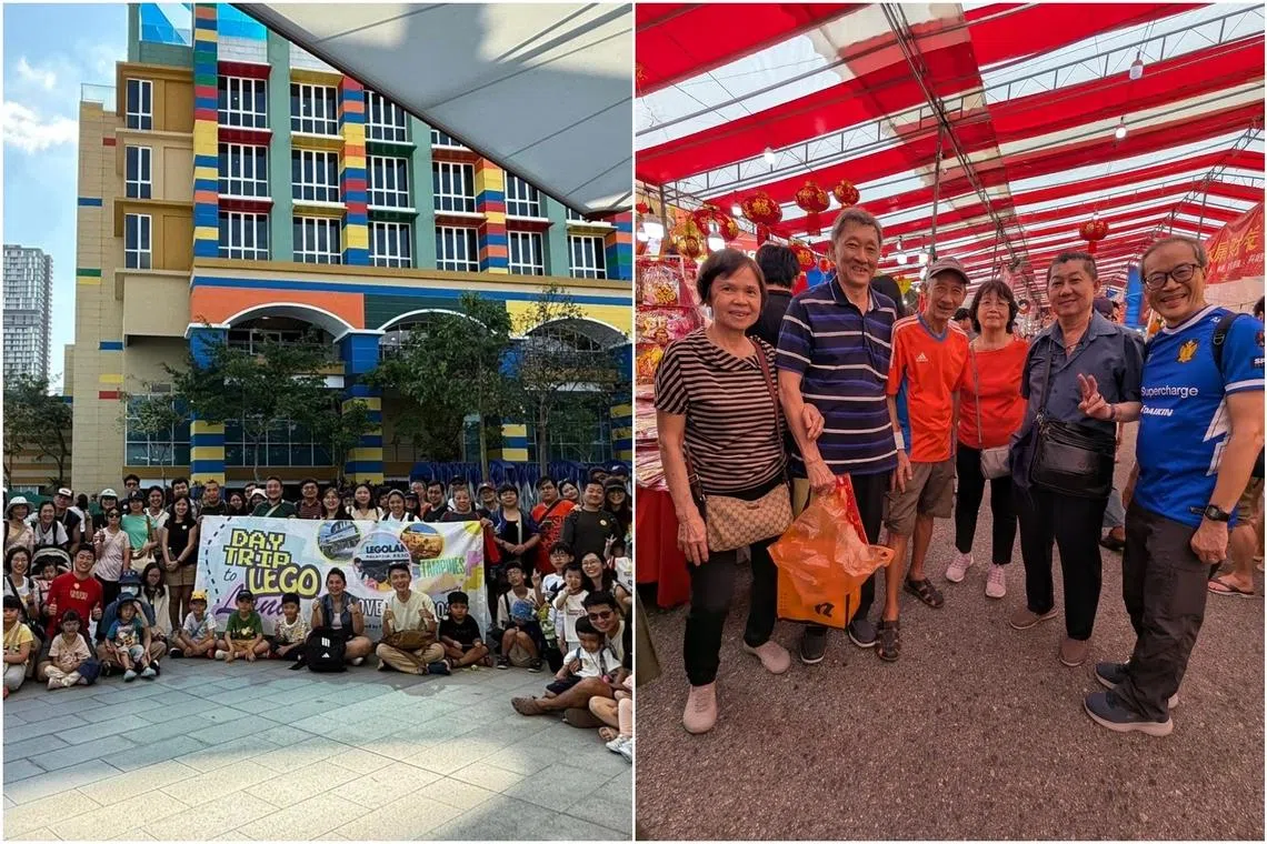 Tampines GRC MP Baey Yam Keng (left picture; seated, centre) went on a trip with his residents to Legoland in Malaysia in December 2025. WP’s Hougang MP Dennis Tan (right picture; far right) went on a pre-Chinese New Year shopping trip to Johor Bahru with his residents on Jan 30.