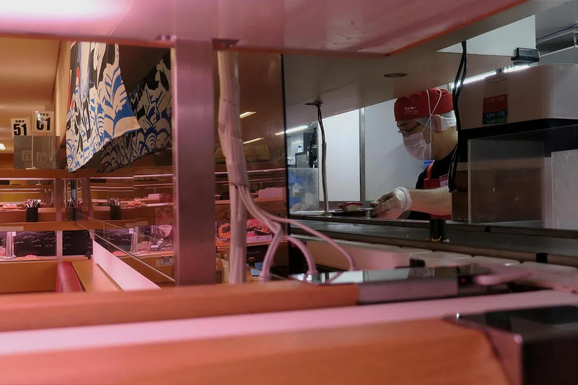 At certain Japanese restaurants, food is served on a conveyor belt.