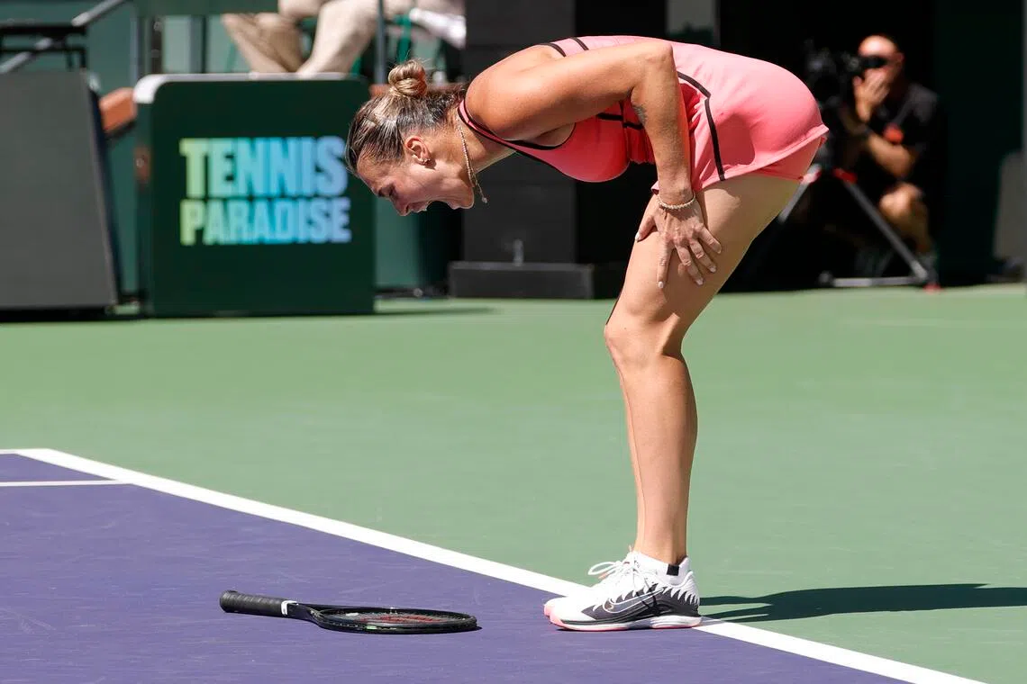 Aryna Sabalenka of Belarus reacting after losing a point in the second set of her 3-6, 6-3, 7-6 (8-6) Indian Wells final win against Elena Rybakina of Kazakhstan at Indian Wells, California, on March 15, 2026.