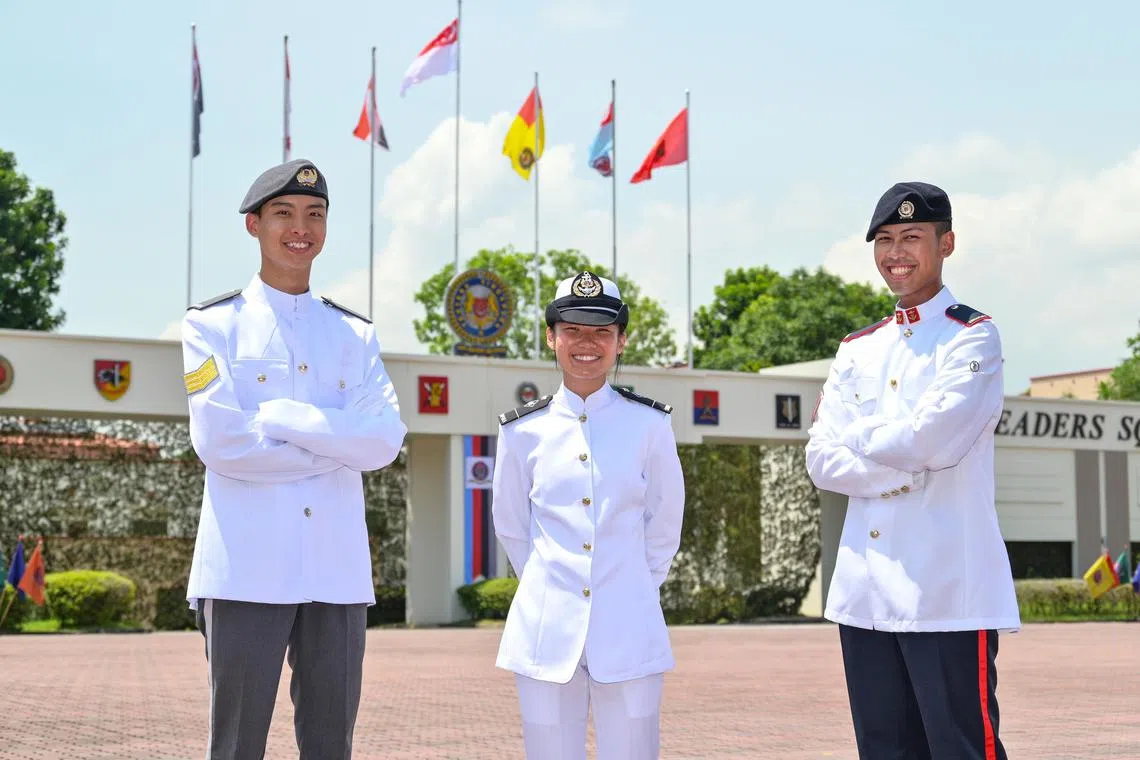 Graduating specialist cadets (from left to right) Third Sergeant (3SG) Lim Tian Le, Military Expert 1 Sherry Lim and Third Sergeant (3SG) Jerrald Capuno Caballa at the parade on Thursday evening.




Credit to MINDEF