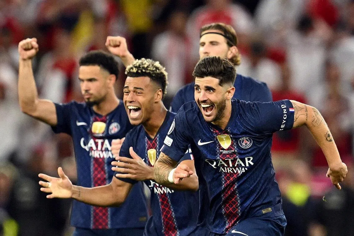 Paris St Germain’s Lucas Beraldo, Desire Doue, Warren Zaire-Emery and Illia Zabarnyi celebrate after winning the Champions League final in May.