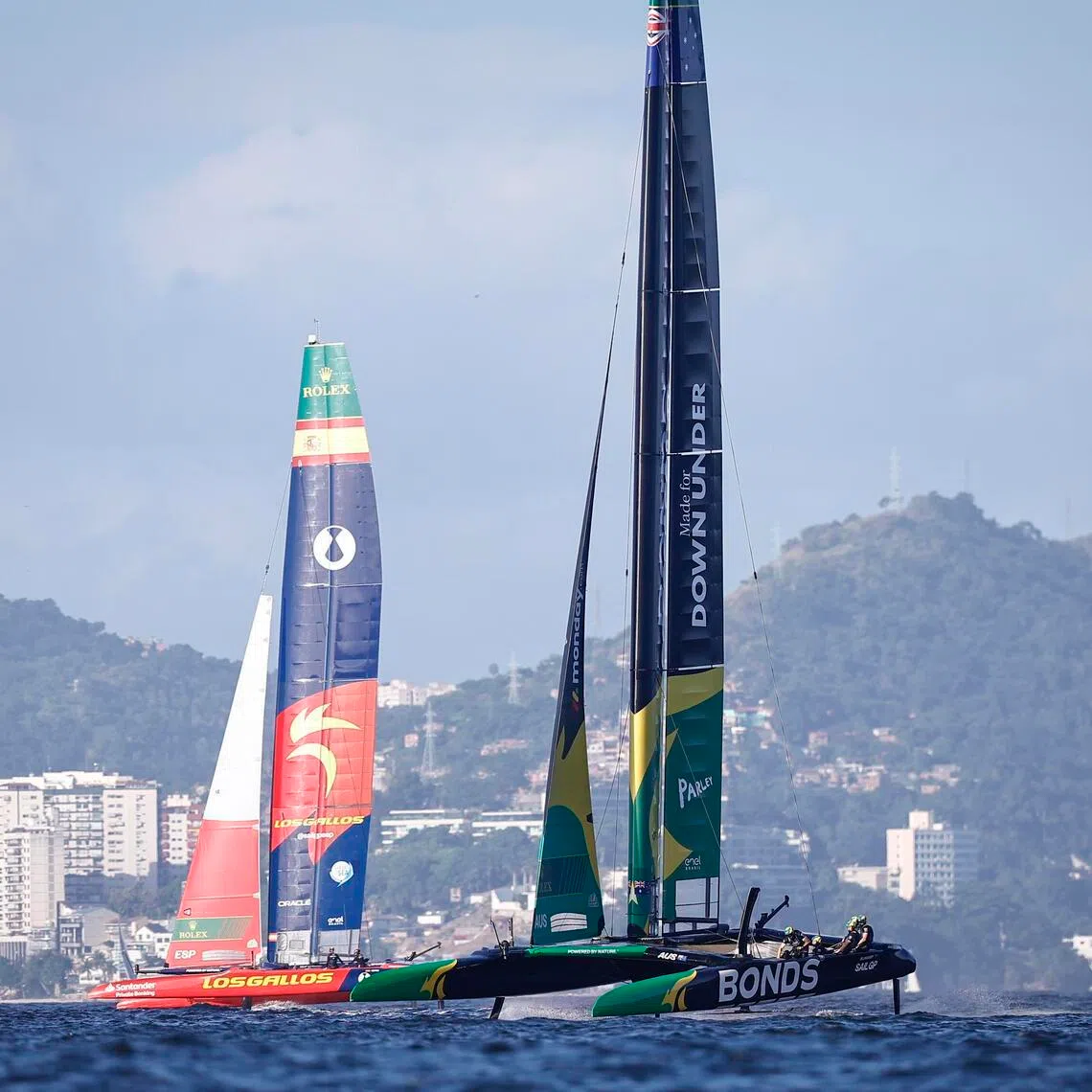 Australia's team Bonds Flying Roos (right) leads Spain's Los Gallos during the Enel Rio Sail Grand Prix in Guanabara Bay, Rio de Janeiro, Brazil on April 12, 2026.