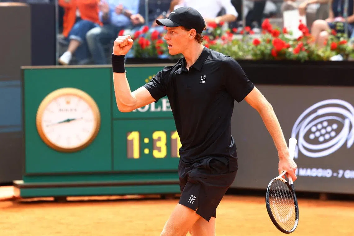 Tennis - Italian Open - Foro Italico, Rome, Italy - May 14, 2026 Italy's Jannik Sinner celebrates winning his quarter final match against Russia's Andrey Rublev REUTERS/Ciro De Luca