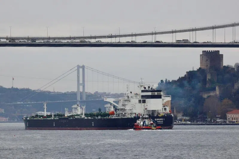 A crude oil tanker sailing in the Bosphorus, on its way to the Mediterranean Sea, in Istanbul, Turkey.
