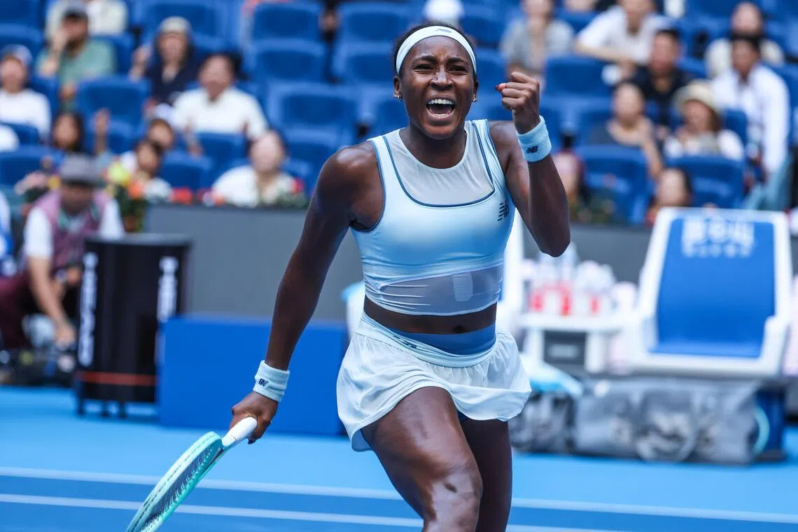 Coco Gauff of the US celebrating after winning her women's singles round-of-32 match against Leylah Fernandez of Canada 6-4, 4-6, 7-5 at the China Open tennis tournament in Beijing on Sept 28.