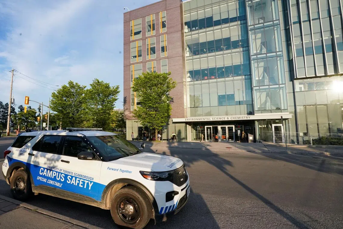 A police vehicle is parked outside of the University of Toronto's Scarborough Campus after police say during a press conference that they detonated a hoax explosive device, in Toronto, Ontario, Canada August 6, 2024. REUTERS/Arlyn McAdorey