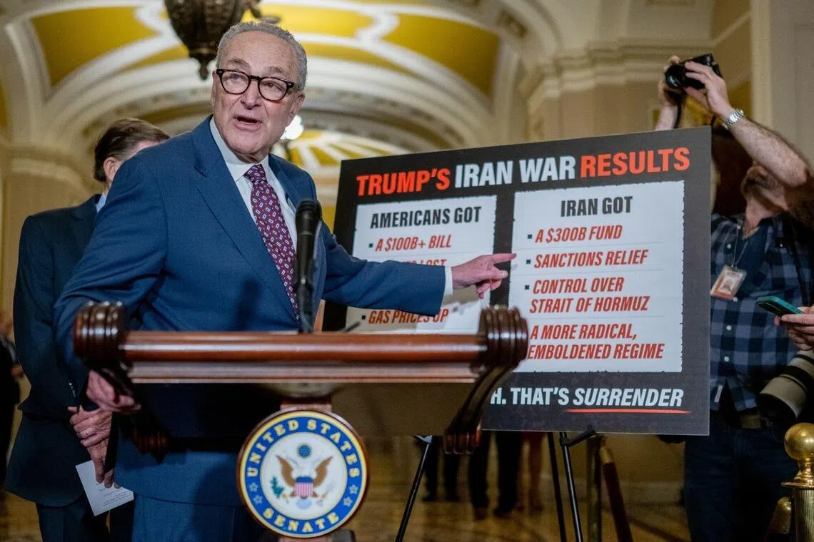 Senate Minority Leader Chuck Schumer, a Democrat from New York, delivering a news conference on the Iran war at the US Capitol in Washington, DC, on June 23.
