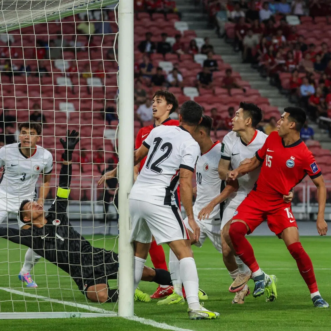 Lionel Tan (right) saw his goal disallowed in Singapore's 0-0 draw against Hong Kong at the National Stadium in an Asian Cup qualifier in March.