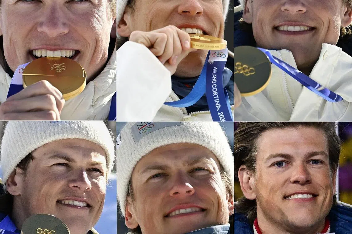 Norwegian cross-country skier Johannes Klaebo with the six different gold medals he won during the 2026 Milano-Cortina Winter Olympic Games.