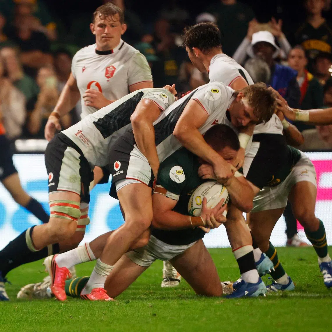 Rugby Union - Nations Championship - South Africa v Wales - Kings Park Stadium, Durban, South Africa - July 18, 2026 South Africa's Paul de Villiers in action with Wales' Josh Adams REUTERS/Rogan Ward