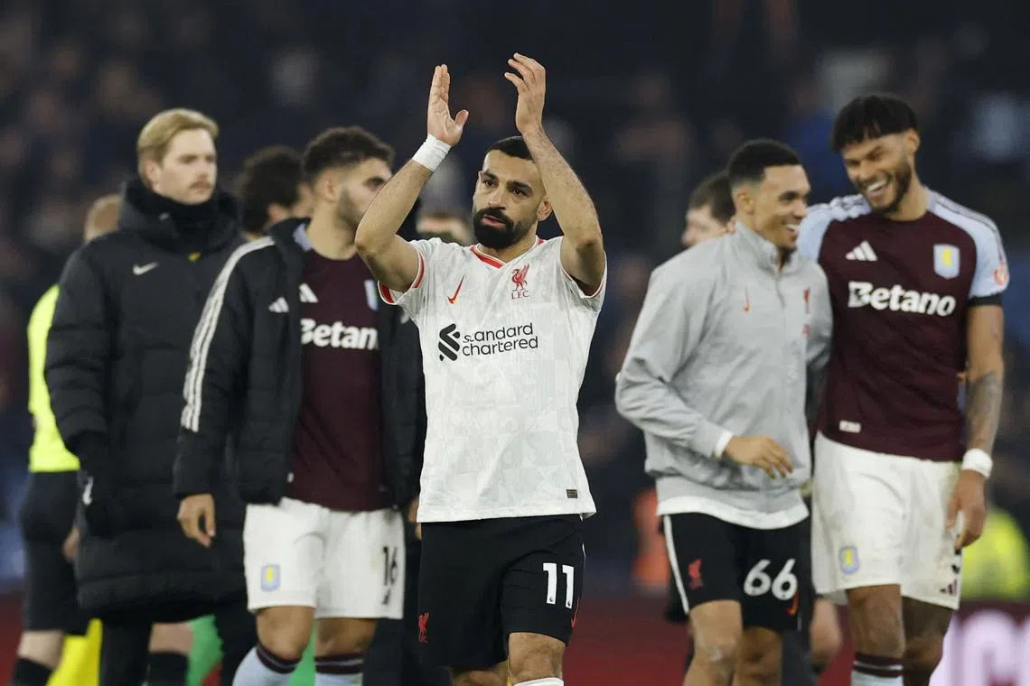Soccer Football - Premier League - Aston Villa v Liverpool - Villa Park, Birmingham, Britain - February 19, 2025 Liverpool's Mohamed Salah applauds fans after the match Action Images via Reuters/Peter Cziborra
