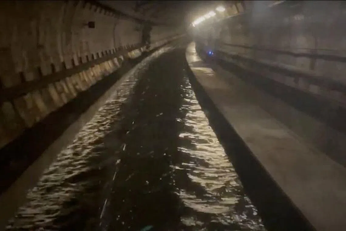A view of a flooded tunnel near Ebbsfleet, Kent, Britain, December 29, 2023, in this screen grab obtained from a handout video. SouthEastern Railway/Handout via REUTERS