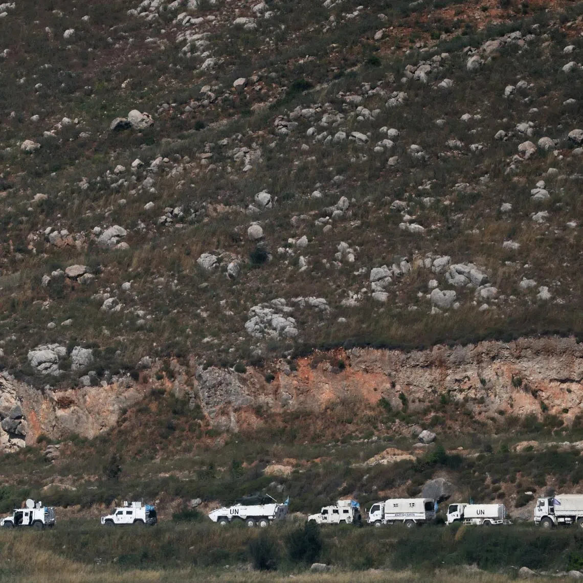 A U.N. convoy in southern Lebanon, near the Israel-Lebanon border, as seen from northern Israel, June 2, 2026. REUTERS/Shir Torem