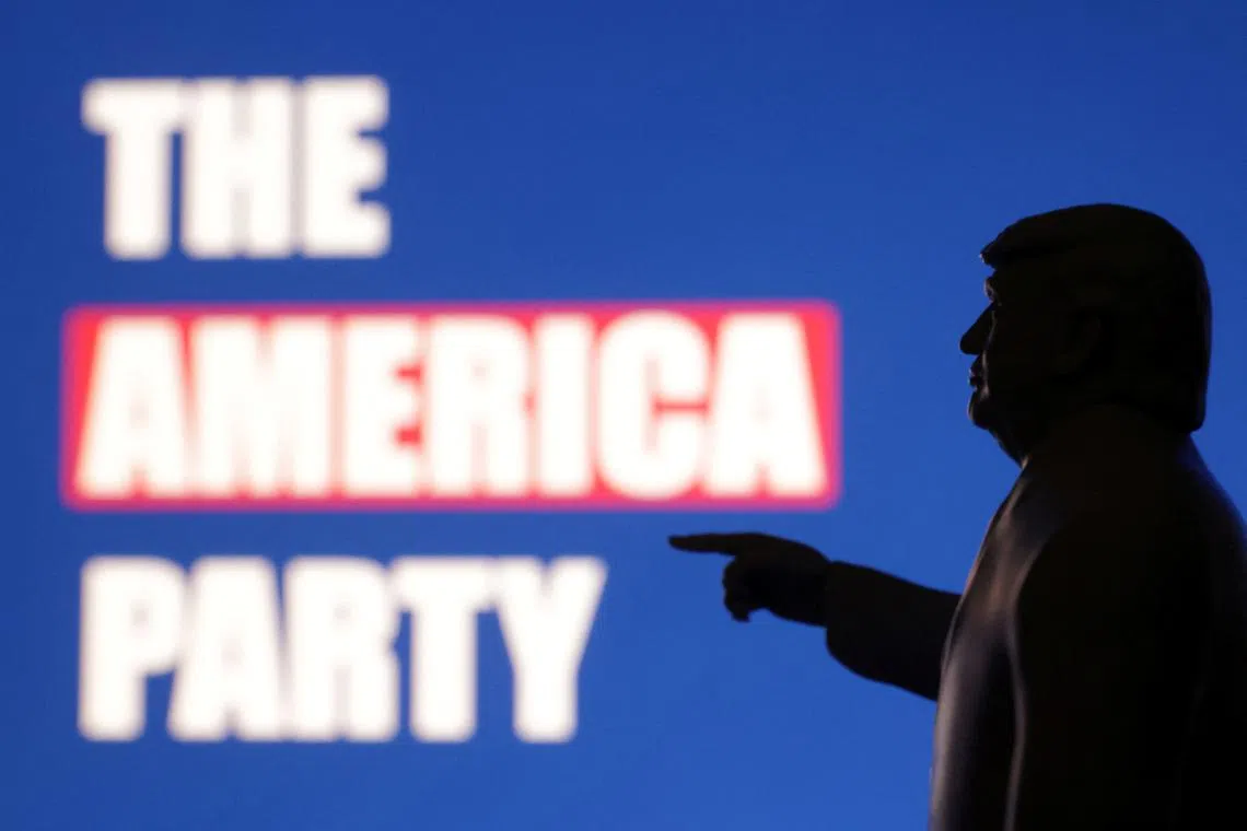 3D printed miniature depicting U.S. President Donald Trump and words \"The America Party\" are seen in this illustration taken July 7, 2025. REUTERS/Dado Ruvic/Illustration