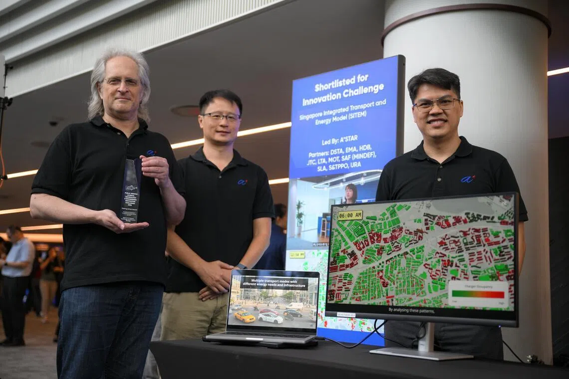 (From left) Dr Ilya Farber, Dr Feng Ling and Dr Azfar Ramli from the Agency for Science, Technology and Research were part of the team behind an EV infrstructure planning model that picked up the top prize at the Science, Technology and Engineering Innovation Challenge.