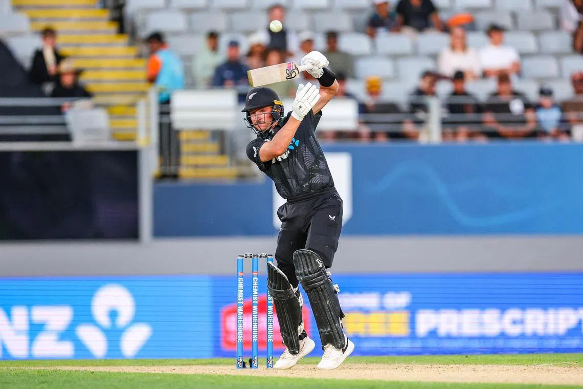 New Zealand's Nathan Smith batting in the third one-day international cricket match against Sri Lanka at Eden Park in Auckland on Jan 11, 2025. Next month's Champions Trophy is his first global tournament.