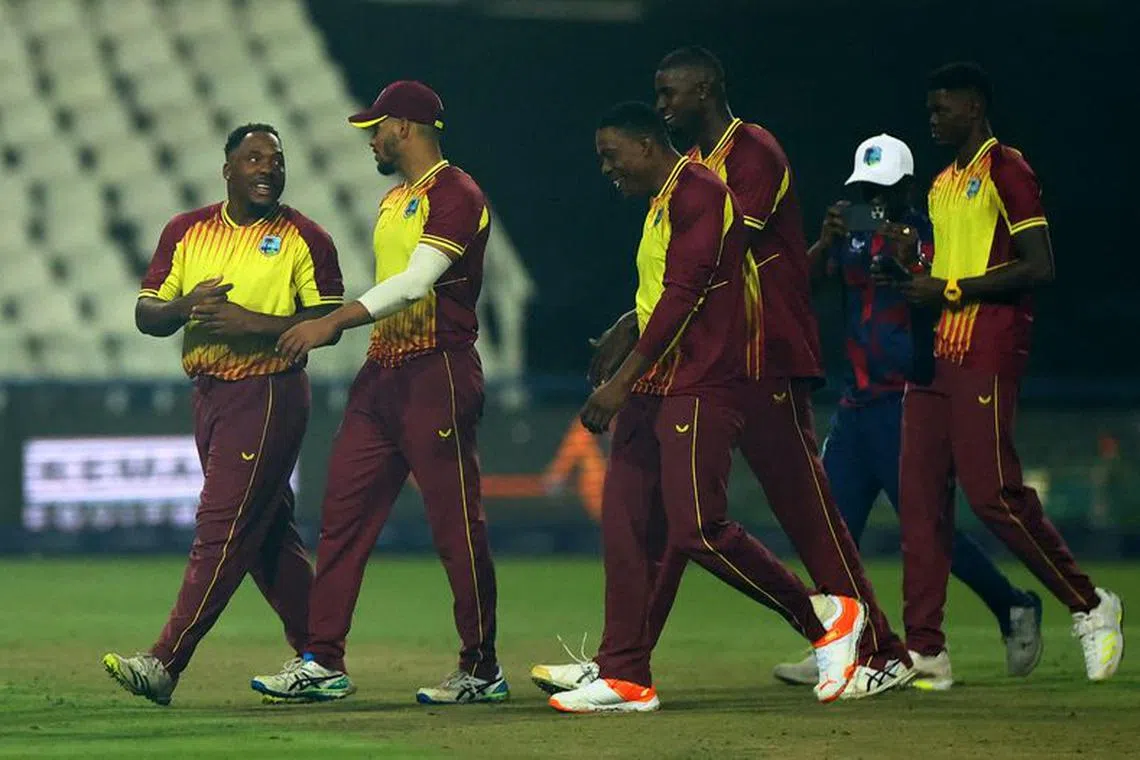 FILE PHOTO: Cricket - Third Twenty20 - South Africa v West Indies - Wanderers Stadium, Sandton, South Africa - March 28, 2023 West Indies players celebrate after winning the match and the series REUTERS/Siphiwe Sibeko/File Photo