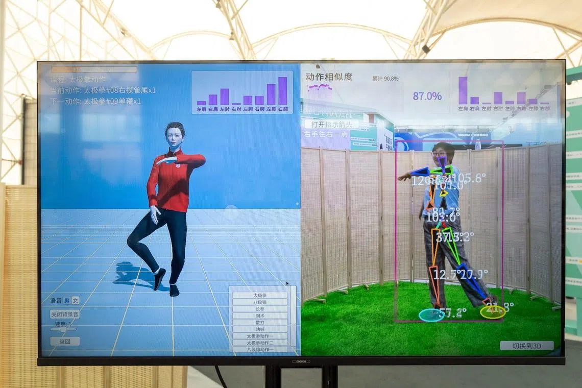 A screen demonstrates a Taichi learning software utilizing AI and motion capture technology during the Baidu Inc. Create AI Developer Conference in Wuhan, China, on Friday, April 25, 2025. Baidu unveiled upgrades to its flagship AI models and slashed their prices as it looks to take on rivals like Alibaba Group Holding Ltd. and DeepSeek in China's increasingly competitive artificial intelligence market. Photographer: Qilai Shen/Bloomberg
