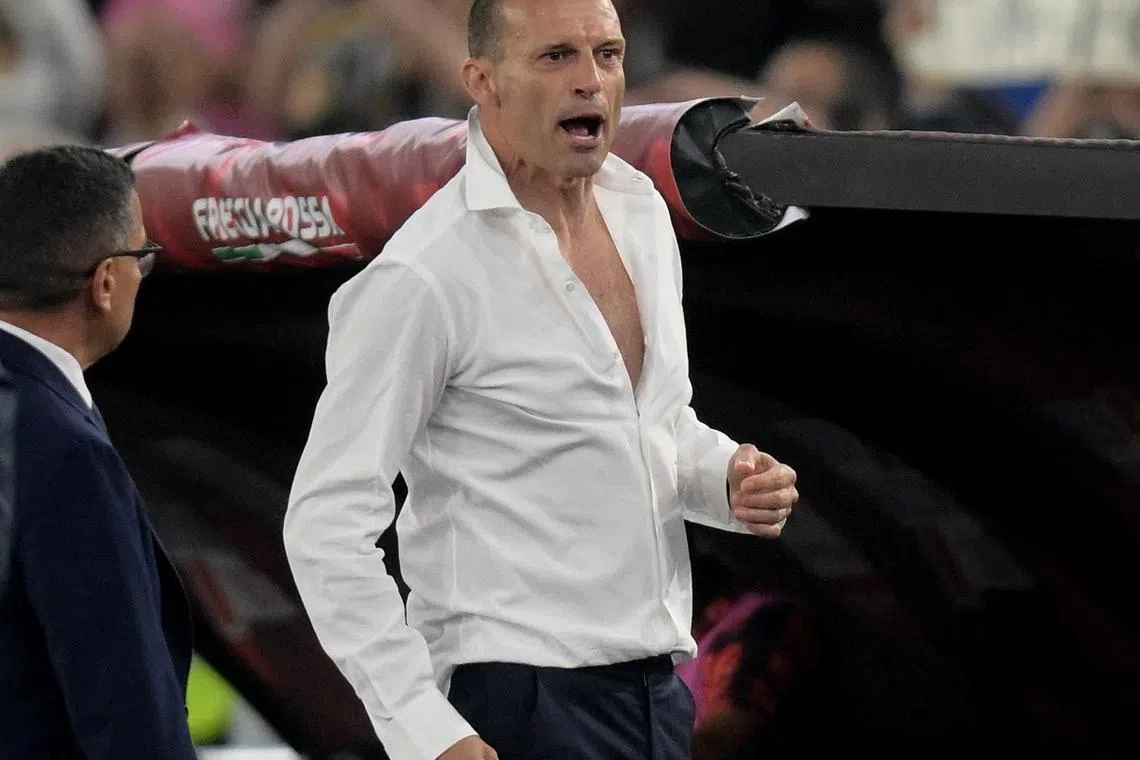 FILE PHOTO: Soccer Football - Coppa Italia - Final - Atalanta v Juventus - Stadio Olimpico, Rome, Italy - May 15, 2024 Juventus coach Massimiliano Allegri walks off the pitch after he is shown a red card by referee Fabio Maresca REUTERS/Daniele Mascolo