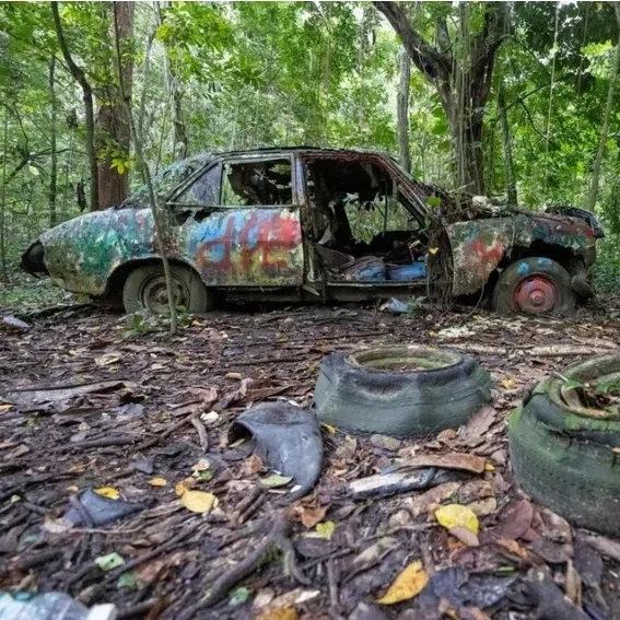 The cars were likely left behind when the village was vacated in the 1980s and 1990s. 