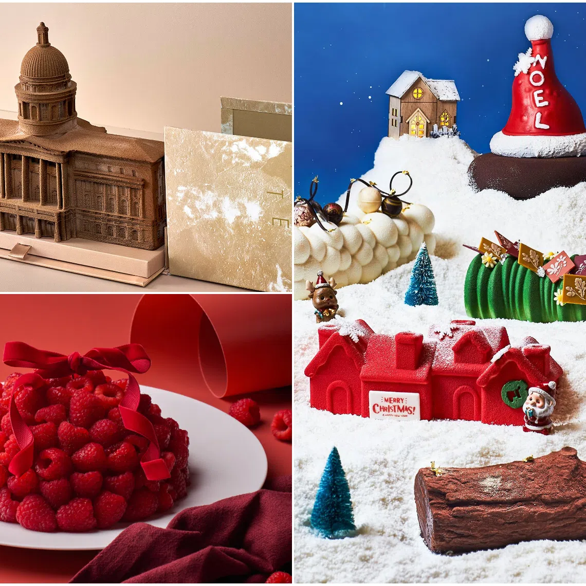 (Clockwise from top left) Noel at the Gallery by Louisa, Orchard Hotel Singapore's festive cake collection and Tarte by Cheryl Koh's Framboisier.
