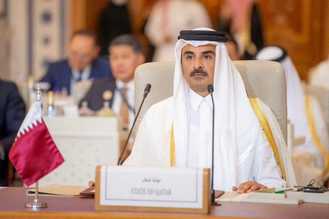 FILE PHOTO: Qatar's Emir Sheikh Tamim bin Hamad al-Thani attends Organisation of Islamic Cooperation (OIC) summit in Riyadh, Saudi Arabia, November, 11, 2023. Saudi Press Agency/Handout via REUTERS