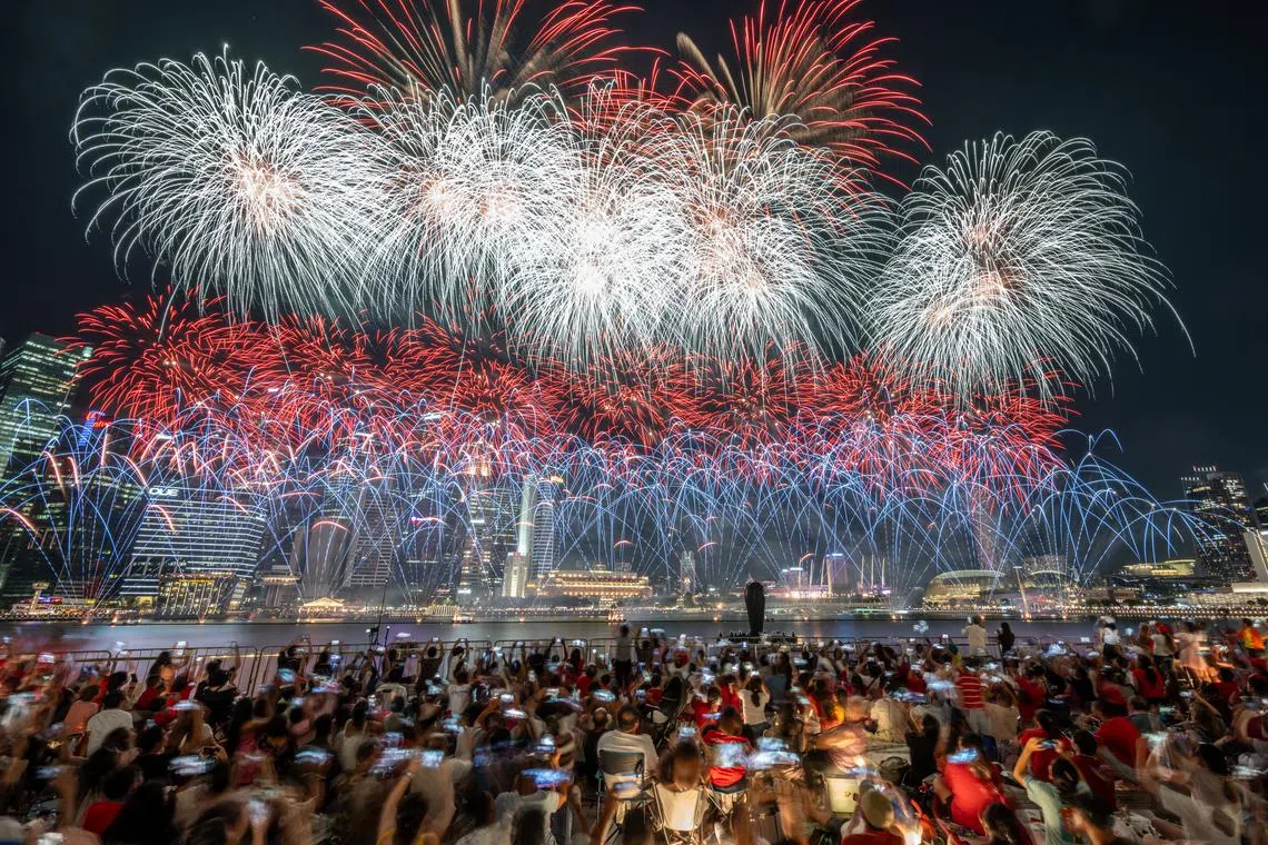 National Day Parade fireworks finale seen from the Marina Bay Sands Watefront Promenade on Aug 9, 2023. ST PHOTO: SHINTARO TAY