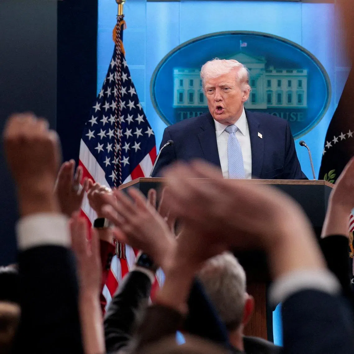 FILE PHOTO: U.S. President Donald Trump takes questions as he speaks during a press conference in the James S. Brady Press Briefing Room at the White House in Washington, D.C., U.S., April 6, 2026. REUTERS/Evan Vucci/File Photo