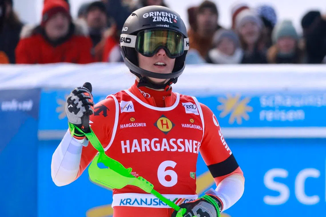 Alpine Skiing - FIS Alpine Ski World Cup - Women's Slalom - Kranjska Gora, Slovenia - January 4, 2026 Switzerland's Camille Rast celebrates after winning the women's slalom REUTERS/Borut Zivulovic