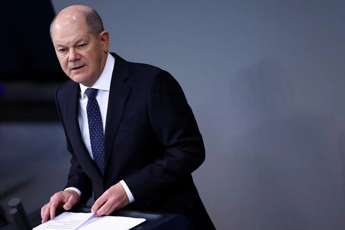 German Chancellor Olaf Scholz delivers a government declaration on the budget situation to the lower house of parliament Bundestag in Berlin, Germany, November 28, 2023.  REUTERS/Lisi Niesner