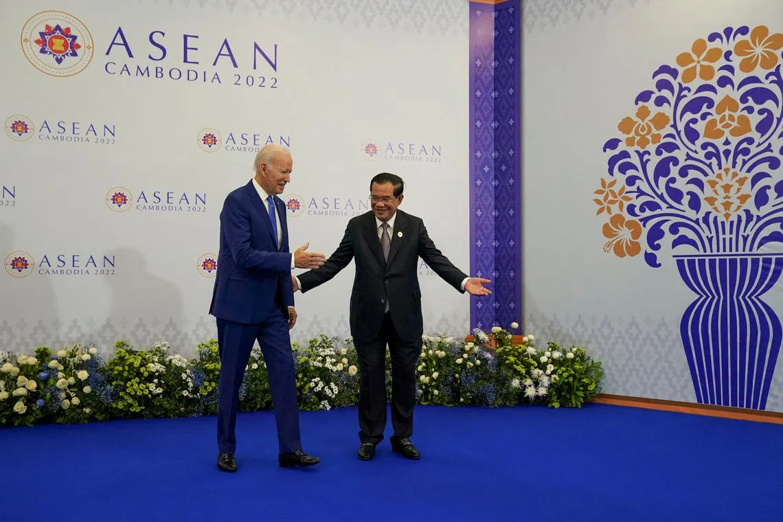 US President Joe Biden and Cambodian Prime Minister Hun Sen at the Asean summit in Phnom Penh on Nov 12.