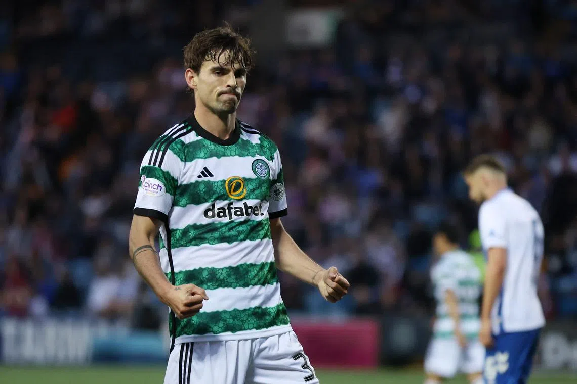 FILE PHOTO: Soccer Football - Scottish Premiership - Kilmarnock v Celtic - Rugby Park, Kilmarnock, Scotland, Britain - May 15, 2024 Celtic's Matt O'Riley celebrates scoring their fourth goal REUTERS/Russell Cheyne/File photo