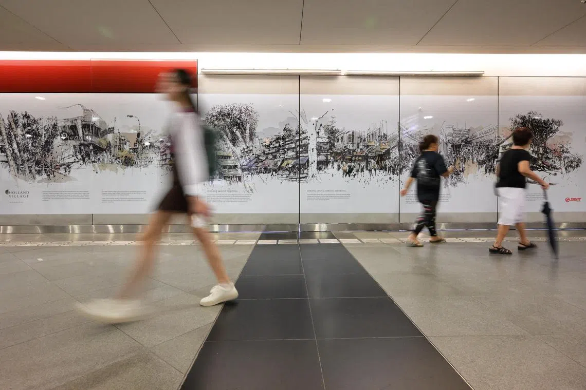 A Comic Connect art mural at Holland Village MRT Station depicting iconic landmarks such as the former Thambi Magazine Store, dutch windmill on top of Holland V shopping mall, Chip Bee Gardens and the intersection of Lorong Liput and Lorong Mambong.