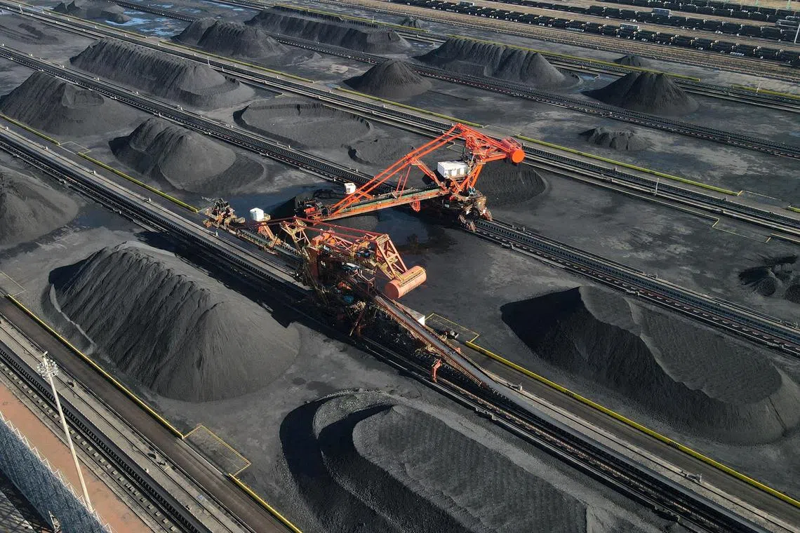 FILE PHOTO: An aerial view of the machinery at the coal terminal of Huanghua port, in Hebei province, China February 1, 2023. China Daily via REUTERS/File Photo