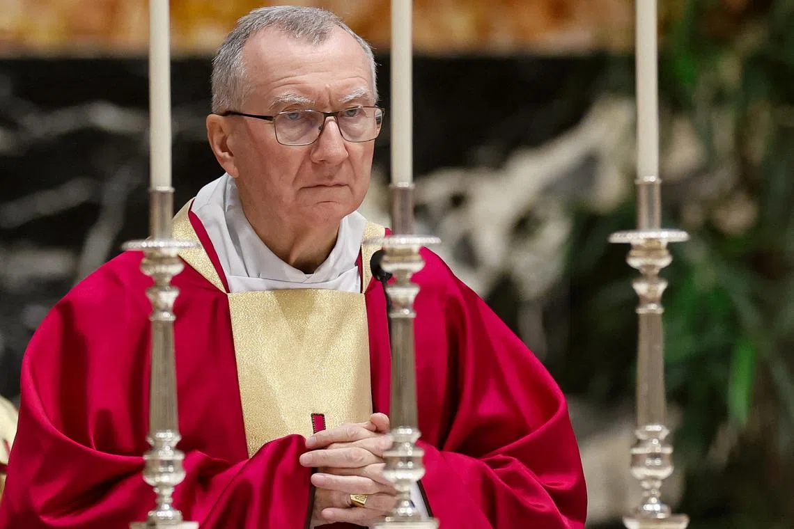 FILE PHOTO: Cardinal Pietro Parolin attends the funeral of Cardinal Sergio Sebastiani in Saint Peter's Basilica at the Vatican, January 17, 2024. REUTERS/Remo Casilli/File Photo