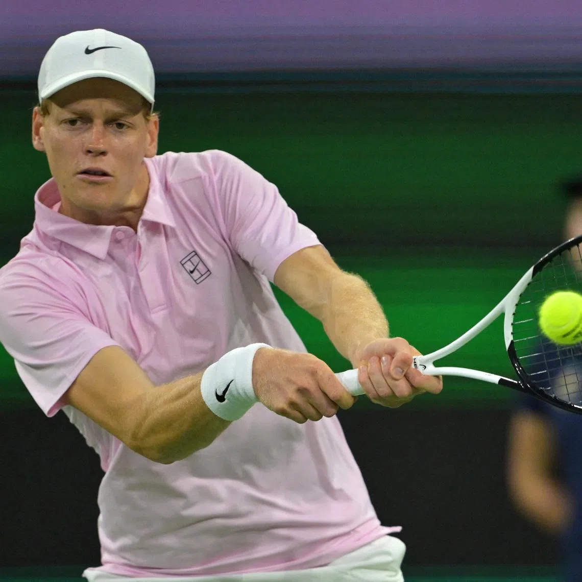 Jannik Sinner (ITA) hits a shot during his fourth round match as he defeated Joao Fonseca (BRA) in the BNP Paribas Open at the Indian Wells Tennis Garden.