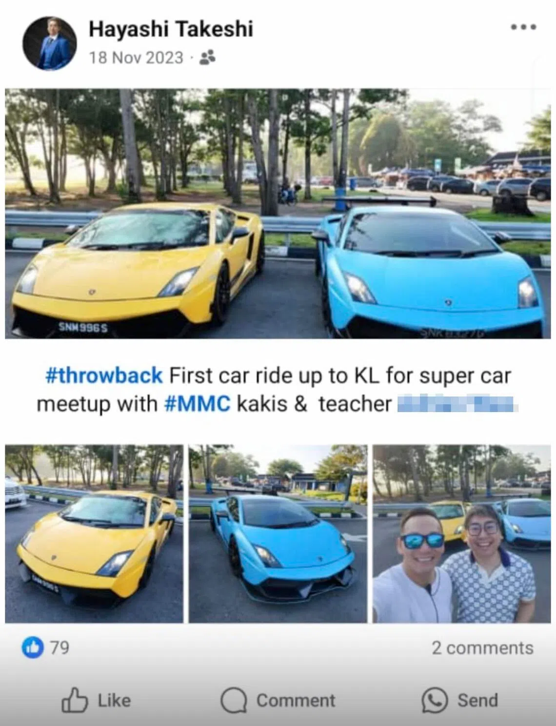 A screengrab of Takeshi Lim Jian Bin’s Facebook before it was deleted shows Lim and his “mentor” Jason Fong Wai Hong posing with their Lamborghini super cars during a road trip to Kuala Lumpur in 2023.