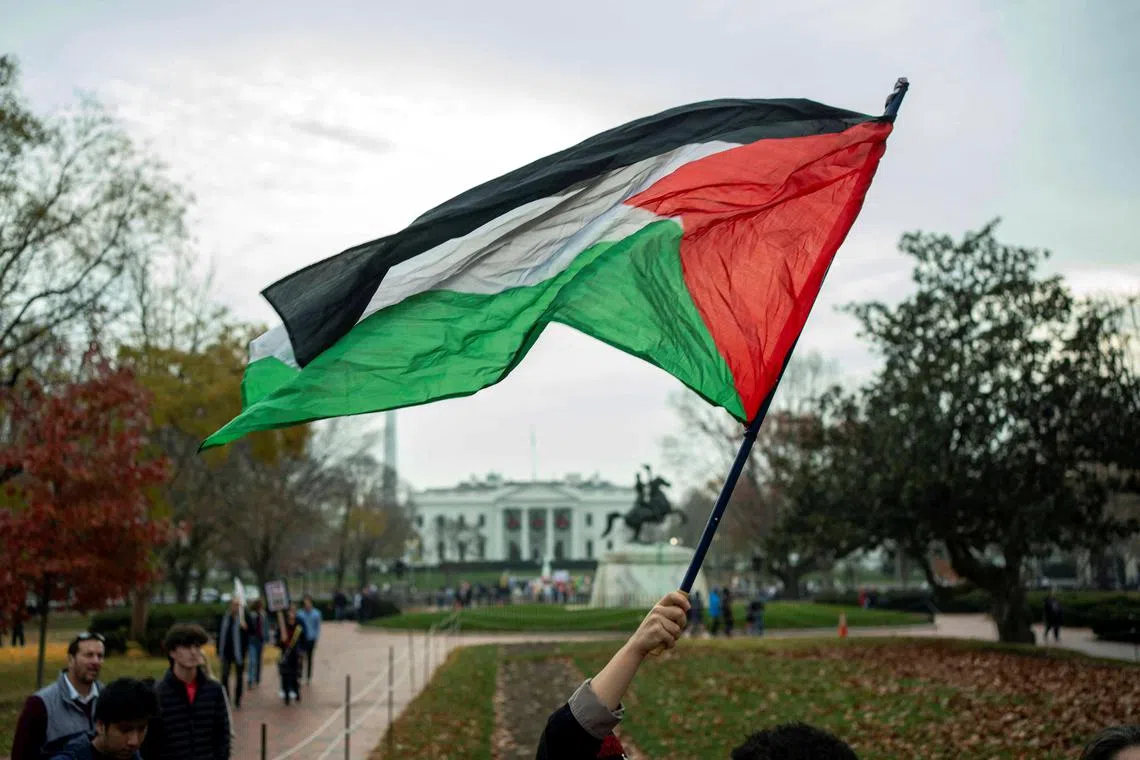 FILE PHOTO: A person waves a Palestine flag at Lafayette Square during a pro-Palestinian demonstration near the White House in Washington, U.S., December 2, 2023. REUTERS/Bonnie Cash/File Photo